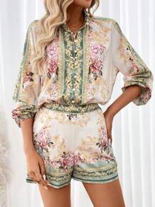 SHEIN Clasi Elegant And Romantic Floral Print Shirt With Front Button Closure And Matching Shorts Set For Women - Multicolor - View 3