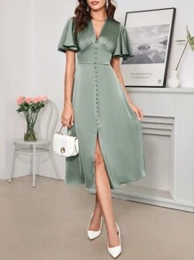 SHEIN Clasi Women's Flutter Sleeve Satin Party Halloween Clothes Prom Dress Fall Women Clothes Wedding Women Dresses Back To School Concert Women Outfit With Cinched Waist - Green - View 5
