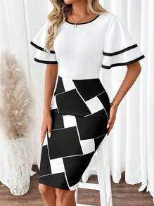SHEIN Clasi Women's Elegant Knitted Dress With Black And White Contrast Color And Ruffle Hem Wedding Women Dresses - Black and White - View 6