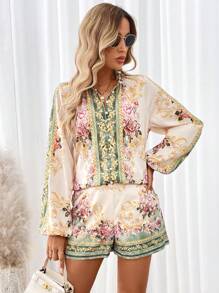 SHEIN Clasi Elegant And Romantic Floral Print Shirt With Front Button Closure And Matching Shorts Set For Women - Multicolor - View 4