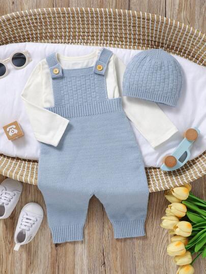 SHEIN 男宝宝绿色简约时尚连帽毛衣连体衣带肩带