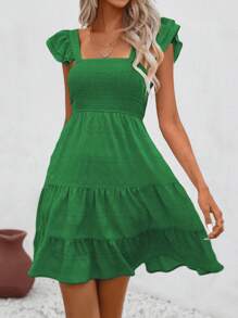 SHEIN LUNE Solid Color Square Neckline Pleated Lace Trimmed Dress, Casual Vacation - Green - View 1