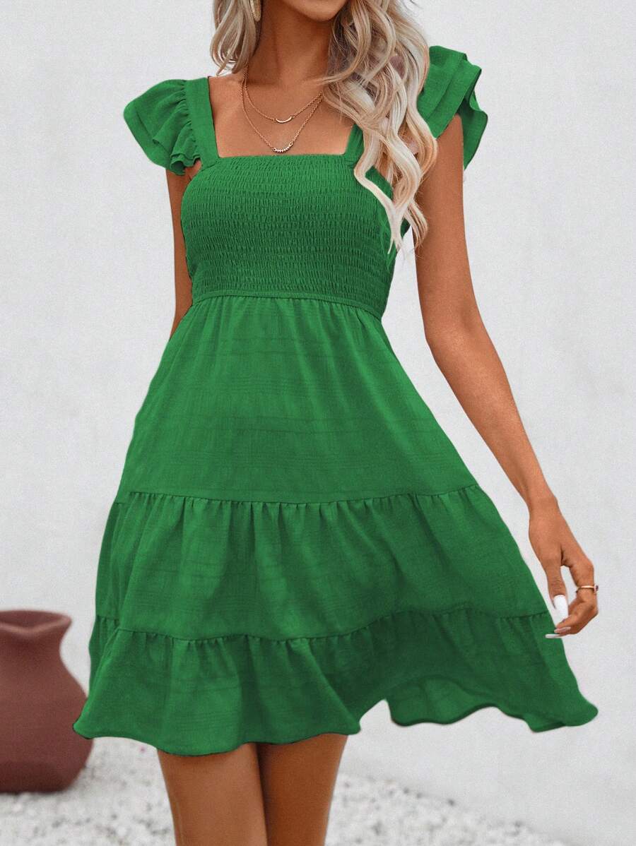 SHEIN LUNE Solid Color Square Neckline Pleated Lace Trimmed Dress, Casual Vacation - Green - View 1