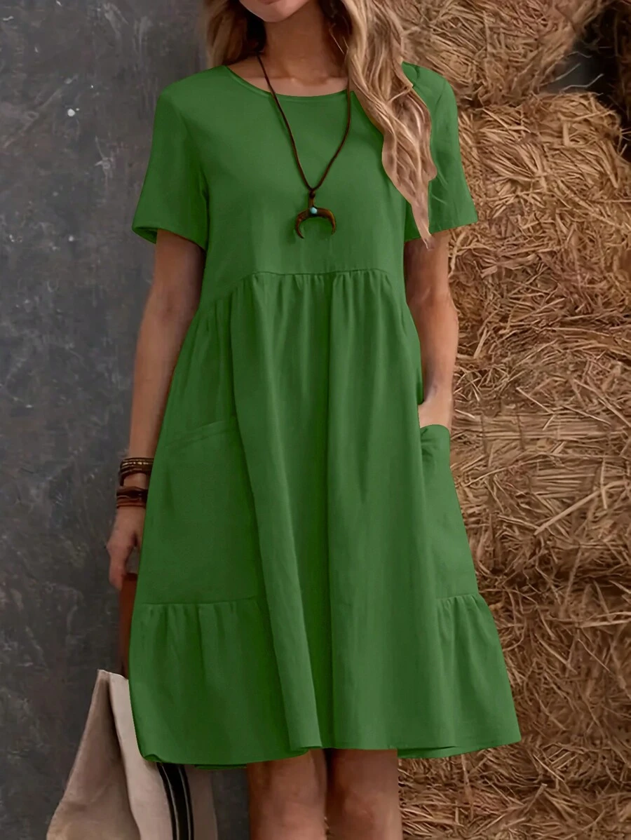 Balvessa Solid Color Short Sleeve Round Neckline Dress With Pleats And Double Side Pockets - Green - View 1