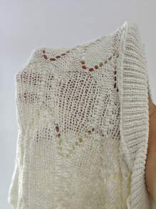 SHEIN LUNE Áo dệt kim cổ tròn màu trơn họa tiết sóng rỗng cho nữ - Màu be - Xem 7