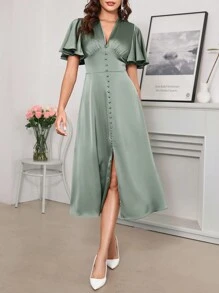 SHEIN Clasi Women's Flutter Sleeve Satin Party Halloween Clothes Prom Dress Fall Women Clothes Wedding Women Dresses Back To School Concert Women Outfit With Cinched Waist - Green - View 7
