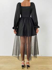 Chiquease Square Neck Long Sleeve Mesh & Pleated Chiffon Patchwork Dress With Front Tie Fall Cloth For Women - Black - View 2