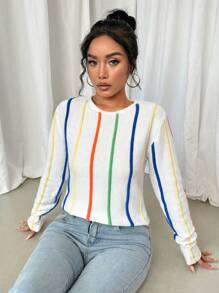 SHEIN LUNE Women's Colorful Striped Round Neck Long Sleeve Sweater, Knit Pullover Fall Winter - Multicolor - View 6
