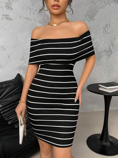 Chiquease Slim Fit Striped Women's Simple Daily Off Shoulder Dress