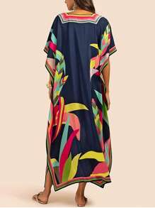 INAWLY Tropical Print Batwing Sleeve Split Hem Dress - Multicolor - View 2