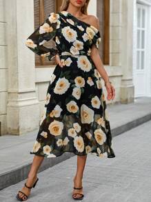 EMERY ROSE Random Elegant Vintage Floral Printed Chiffon Dress With One Shoulder Strap Fall Cloth For Women - Multicolor - View 3