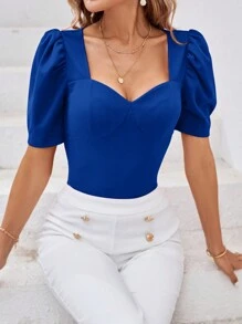 SHEIN Clasi Ladies' Slim-Fit Sweetheart Neck Top With Mutton Sleeves, Rose Red - Royal Blue - View 5