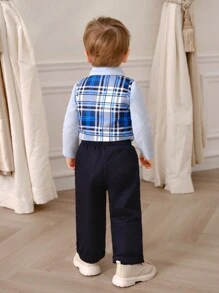 SHEIN Conjunto de camisa de manga larga con cuello y botones con decoración de lazo para niños, chaleco sin mangas a cuadros y pantalones de unicolor. - Multicolor - Ver 2