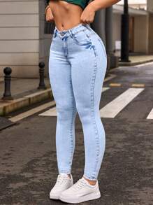 SHEIN PETITE Women's Casual Mid Waist Fitted Washed Denim Jeans