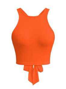 SHEIN Slayr Solid Crisscross Backless Orange Tank Top For Summer - Orange - View 7