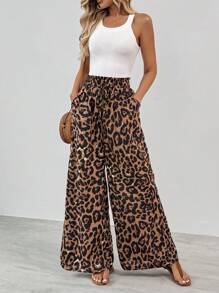 SHEIN Tall Pantalones súper anchos con estampado de leopardo de cintura alta para mujer con estilo - Multicolor - Ver 5