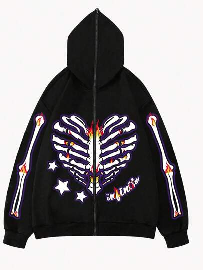 Street Life Sudadera con capucha con cremallera y estampado de esqueleto para hombres, para uso diario y Halloween