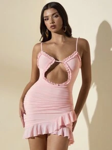 SHEIN BAE 女款粉色純色甜美、性感優雅多層荷葉邊緣背心連衣裙，領口周圍裝飾空心設計，褶皺下擺和不對稱的波浪邊緣增添時尚氛圍，夏季完美穿搭 - 粉色 - 查看 5