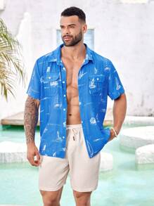 Manfinity Homme Camisa Masculina Plus Size com Colarinho Turn-Down Estilo Minimalista Impresso - Azul - Visão 6