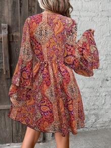 SHEIN Clasi Women's Random Print Simple Daily Bell Sleeve Dress For New Year Clothes Fall Cloth For Women - Red - View 2