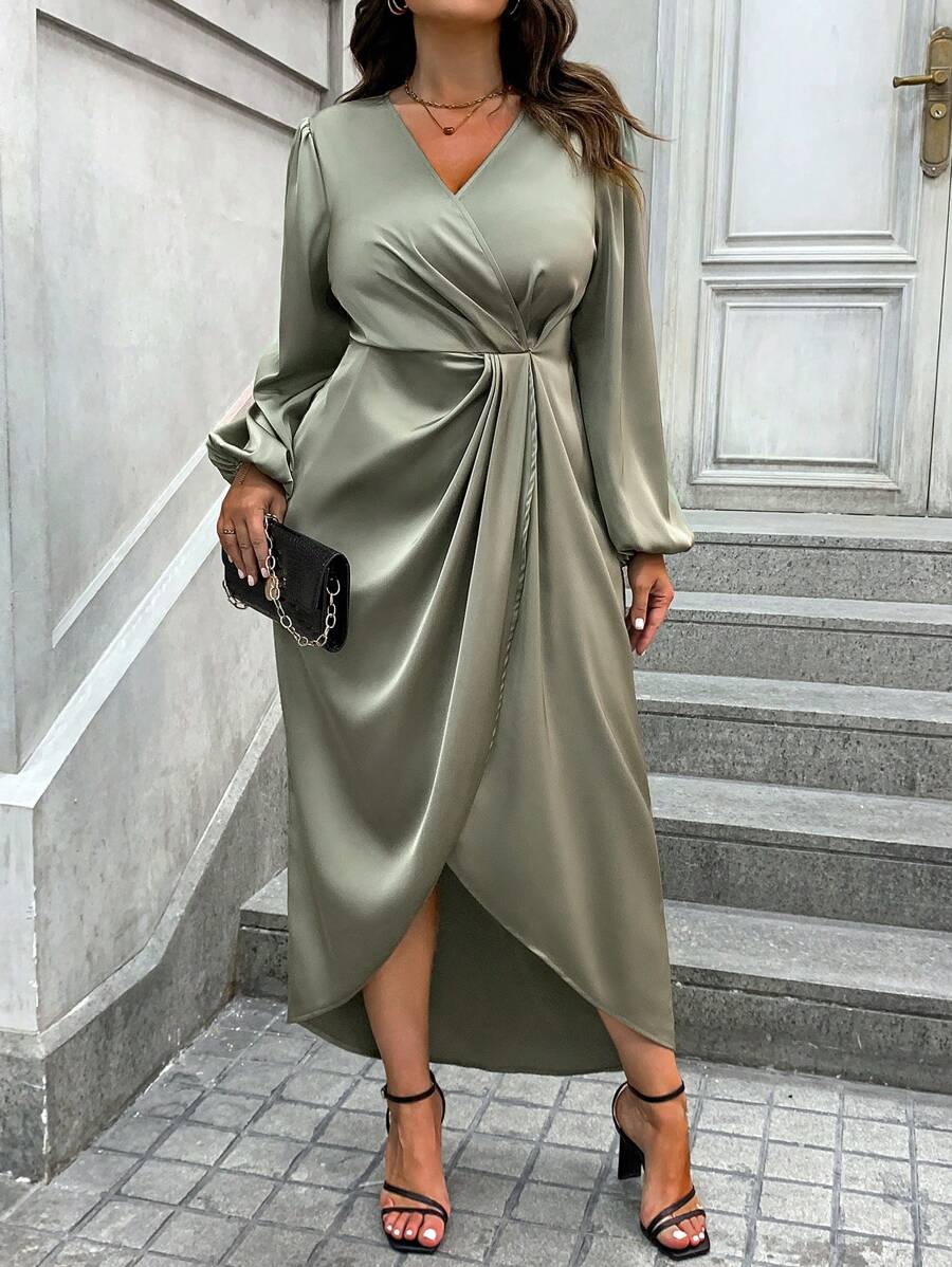 EMERY ROSE Plus Lantern Sleeve Wrap Hem Satin Dress, Women Outfit Fall Cloth For Women - Army Green - View 1