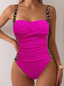 SHEIN Swim 豹紋褶皺設計的夏季海灘單件泳衣 - 玫紅色 - 查看 3