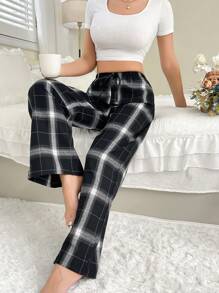 Plaid Print Tie Waist Lounge Cozy Pants, For Fall - Black - View 1
