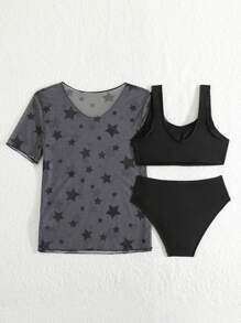 Tween Girl 3pcs Bikini Set, Random Print Summer Beach - Black - View 2