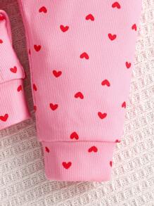 SHEIN 嬰兒女孩心形紋織物保暖睡衣套裝，長袖上衣和長褲，舒適親膚 - 淺粉色 - 查看 5