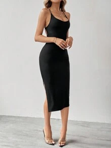 SHEIN Tall Vestido Longo de Fenda Lateral Simples e Sexy com Alças Cruzadas sem costas para Mulher, para Noite de Encontro com as Costas Abertas - Preto - Visão 4