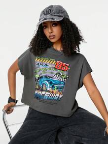 SHEIN EZwear Y2K Vintage Autoprint Kurz Crop Top, Ego Driven Person USA 85 HOLEN SIE SICH DEN RUHM - Grau - Übersicht 4