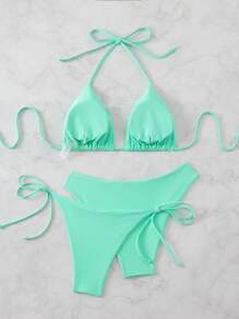 Swim Basics 3pcs Women's Solid Color Bikini Set Summer - Green - View 2