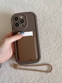 1pc TPU Frosted Full-Body Mobile Phone Case With Built-In Card Holder And Silicone Rope, Phone Protective Cover - Brown - View 1