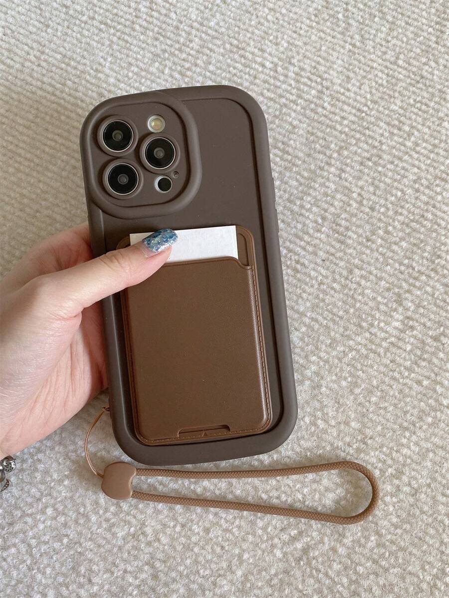 1pc TPU Frosted Full-Body Mobile Phone Case With Built-In Card Holder And Silicone Rope, Phone Protective Cover - Brown - View 1