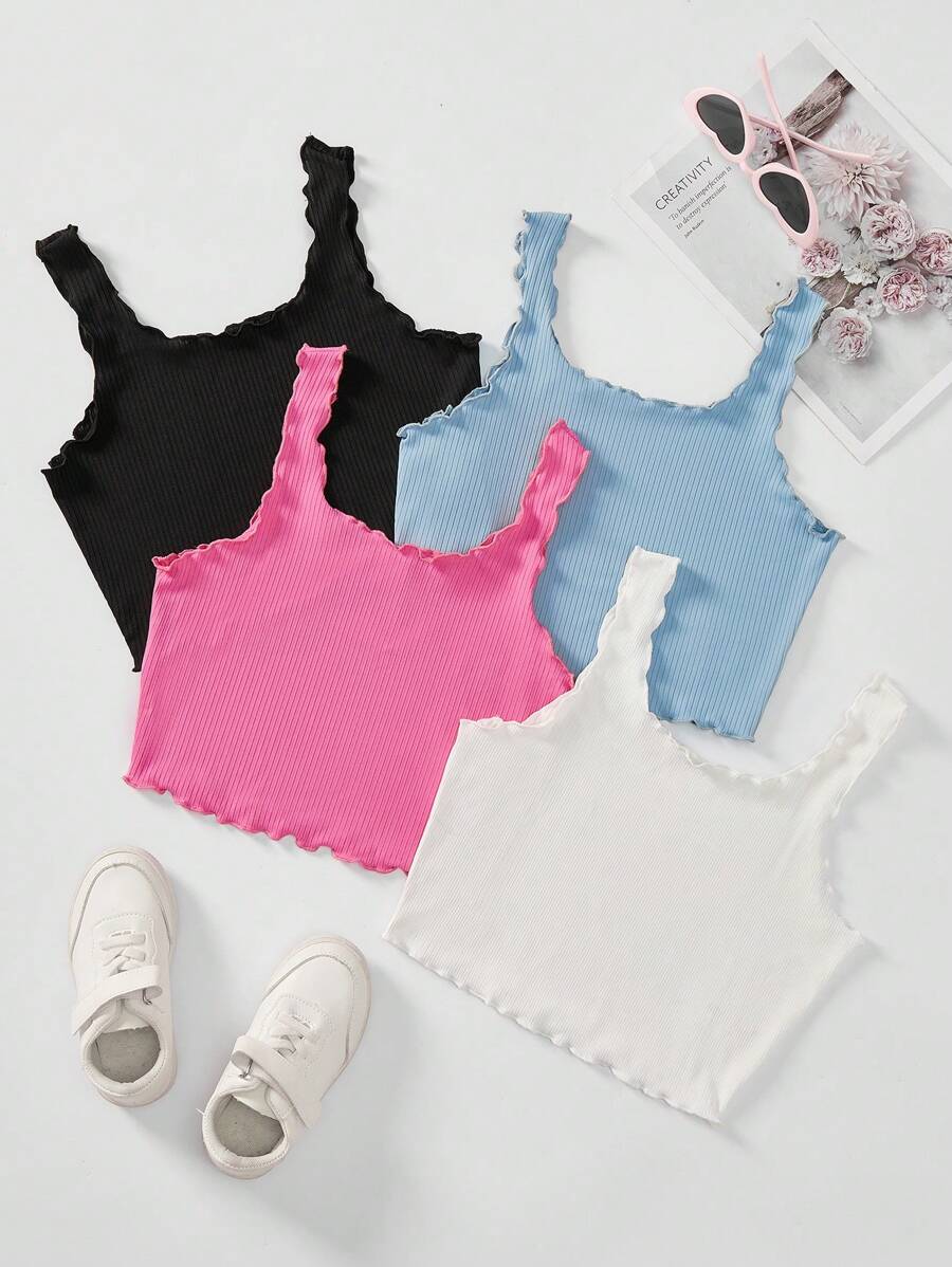 SHEIN Set Of 4 Sweet And Minimal Knitted Ribbed Crop Tops With Scalloped Edges For Tween Girls - Baby Pink - View 1