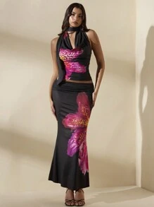 SHEIN BAE 2 chiếc khăn choàng cổ in hoa trang nhã dành cho nữ & trang phục váy nàng tiên cá, dành cho tiệc bể bơi, kỳ nghỉ ở bãi biển, đêm hẹn hò - màu đen - Xem 6