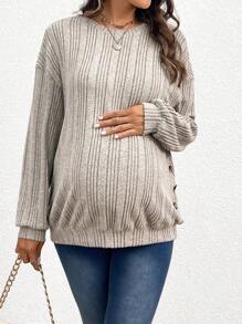 SHEIN Maternity Button Detail Drop Shoulder Sweatshirt, For Winter - Khaki - View 5