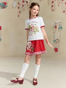 Strawberry Shortcake X SHEIN Camiseta de Manga Curta com Estampa de Morango e Desenho Animado para Meninas Adolescentes com Detalhe de Contraste