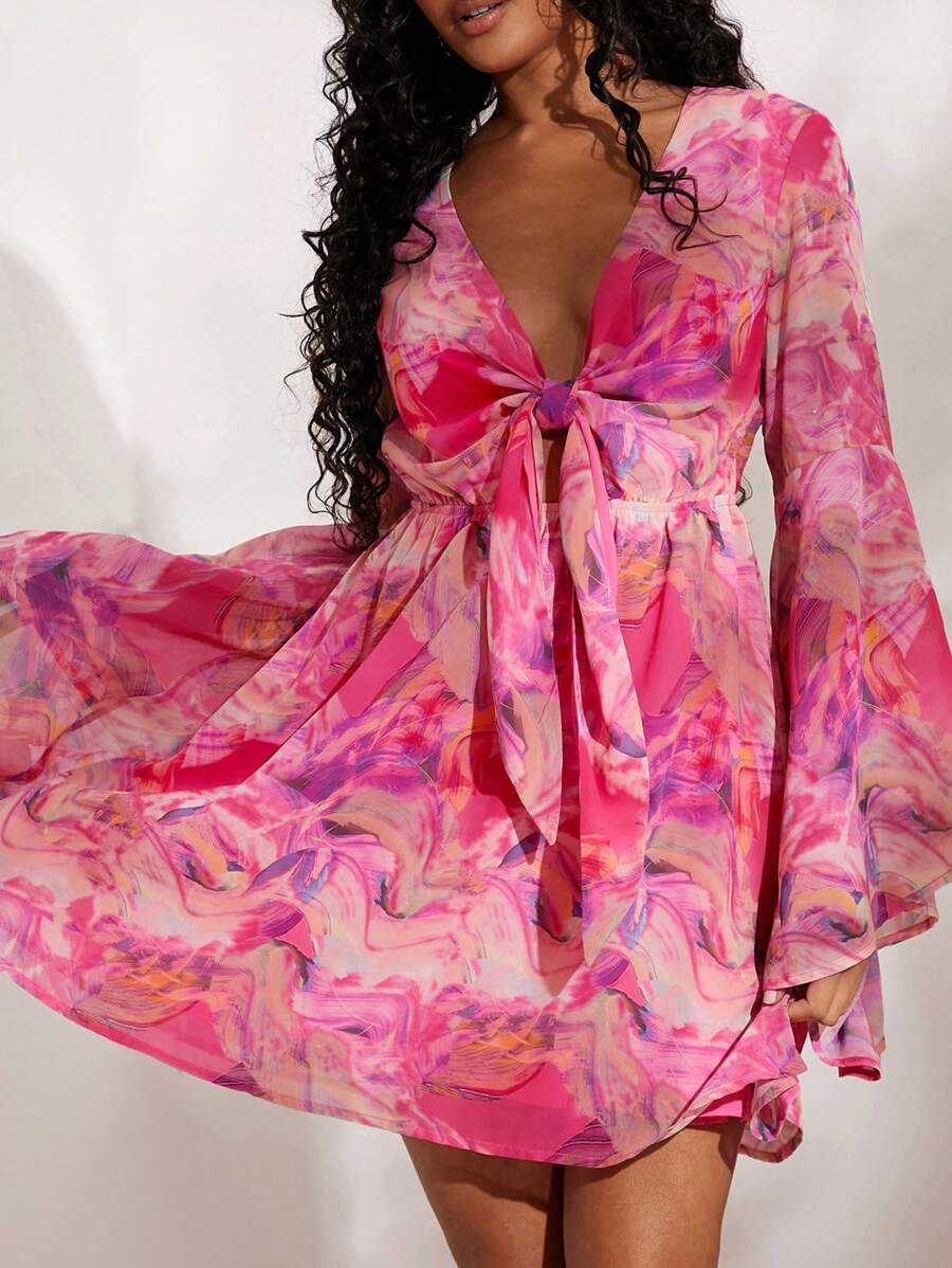 Opulessa 女式性感優雅海灘假期印花裙，配有蝴蝶結後背和超長喇叭袖