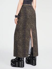 ROMWE Goth Leopard Print Flap Pocket Denim Skirt - Brown - View 5