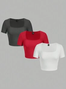 SHEIN EZwear 休闲简约方领长袖修身女士T恤，适合春秋季节 - 彩色 - 查看 1