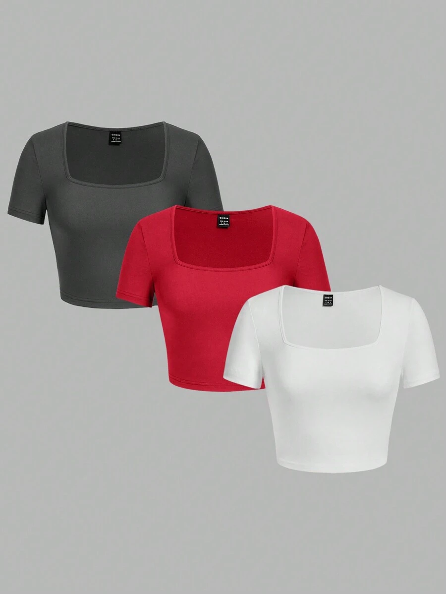 SHEIN EZwear 休闲简约方领长袖修身女士T恤，适合春秋季节 - 彩色 - 查看 1