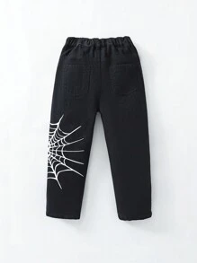 Young Boys' Simple Everyday Spiderweb Printed Jeans - Black - View 2