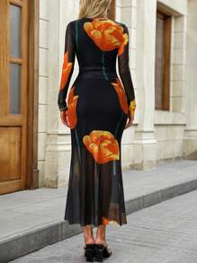 Aveloria Vestido midi para mujer con mangas largas de malla sexy semi-transparente, estampado floral grande y maduro al azar y ajustado al Body