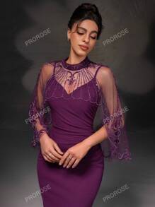 Nuovo set elegante da matrimonio con abito slim fit monocolore con contrasto in rete e cardigan senza maniche con spacchi aperti