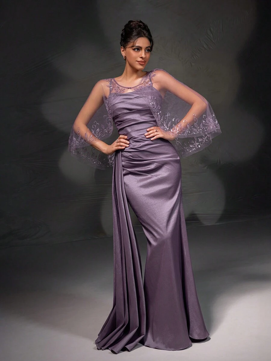 New Arrival Romantic Purple Lace Shawl Elegant Cami Dress Formal Dress Set - Mauve Purple - View 1