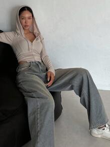 DAZY 斜口袋阔腿牛仔裤、宽松牛仔裤 - 淺色水洗藍 - 查看 4