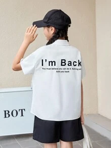 SHEIN White Casual Loose Fit Back Print Turn-Down Collar Shirt And Black Loose Fit Casual Weave Tagged Shorts Set, For Tween Girls