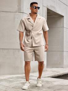 Manfinity Homme Bộ áo sơ mi và quần đùi ngắn tay hàng ngày cỡ lớn cho nam - Màu Khaki - Xem 6