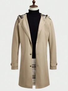 Manfinity Homme Men Solid Hooded Long Sleeve Button Front Trench Coat - Khaki - View 1